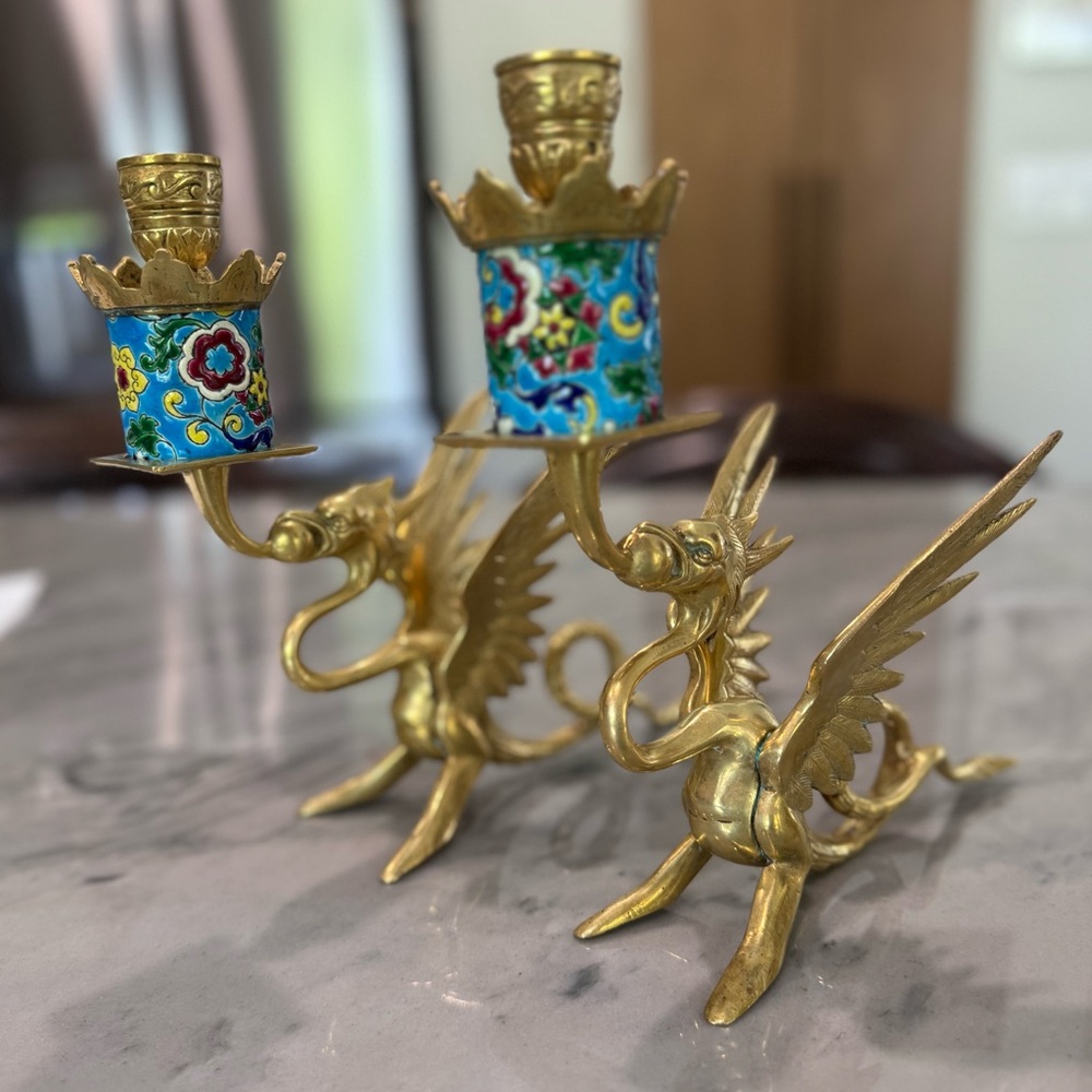Antique French Brass Griffin Candle Holders Set